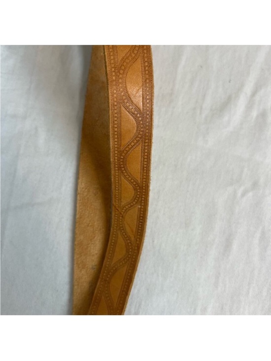 vintage tan etched Leather belt  with round chunky metal buckle main image 6